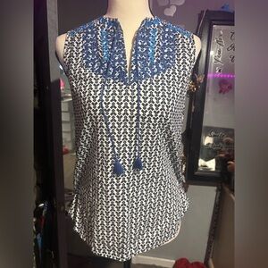 NWOT J. Crew Navy and White Geometric Sleeveless Embroidered Tie-Front Camisole